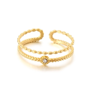 Minimalist gold double layer open ring with beaded texture and central zircon stone