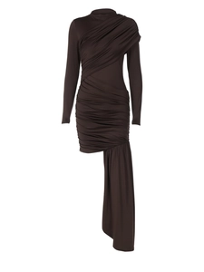 Chocolate brown slim-fit ruched long sleeve dress with asymmetric hem and high neckline
