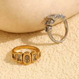 18K gold plated 316L stainless steel rings with geometric zircon stones in gold and silver