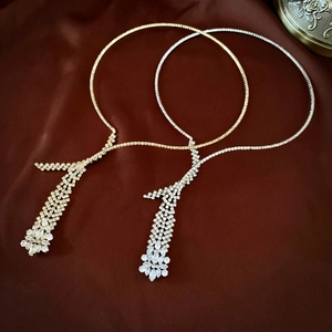 Elegant Wheat Ear Tassel Necklace Sparkling Rhinestone Zircon Alloy Long Choker For Women Party Fashion Jewelry