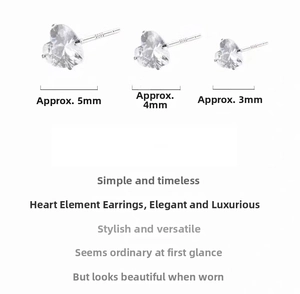 Three sizes of heart-cut cubic zirconia studs in S925 sterling silver, 3mm to 5mm