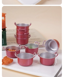 Miniature red stew pot models for dollhouse kitchens with realistic silver lining details