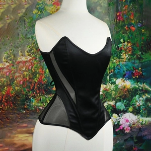 Slimming black corset top made of satin and mesh fabric with fishbone structure