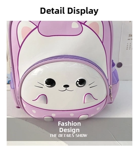 Close-up of cute purple cat cartoon backpack with glossy white face and 3D ear detail