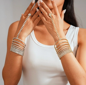 Rhinestone Hand Chain Hand Harness Copper Multi Layer Geometric Ring Link Wristband Fashion Jewelry Women