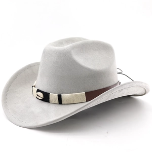 Detailed close-up of light gray felt cowboy hat featuring shell and braided band accents