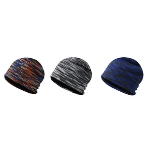 Thick fleece-lined knitted beanies for men and women in various multi-color patterns