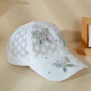 Breathable white lace baseball cap featuring elegant butterfly rhinestone decorations