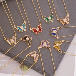 Butterfly Pendant Necklace With Copper And Colorful Glass Wings And Zircon Body Gold Plated Box Chain Elegant Jewelry