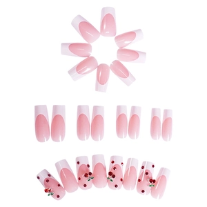 French tip coffin press-on nails with sweet 3D cherry accents and sparkling red rhinestones