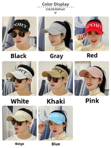 Detailed grid showing unisex sport visors in eight colors including black, blue, and red