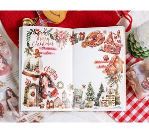 Dettaglio del nastro adesivo PET a tema natalizio con Babbo Natale e omini di pan di zenzero