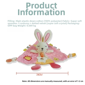 Pink bunny security blanket details with soft polyester filling and 28cm size info