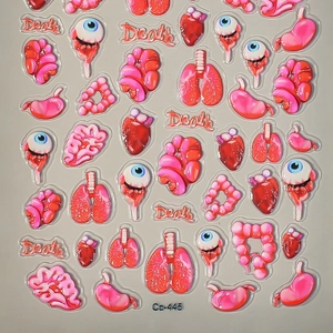 3D anatomical heart and lungs nail art stickers with pink translucent finish