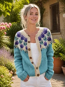 Close-up of floral jacquard patterns and buttons on a blue and beige cardigan