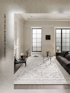 Close-up of cream floral vintage carpet with intricate grey patterns in a bright living room