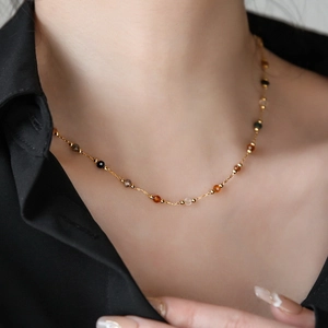Natural Stone Beads Necklace 18K Gold Plated Stainless Steel Colorful Choker For Women Elegant Minimalist Jewelry