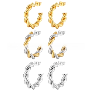 Detailed set of three twisted hoop earrings in gold, silver, and dual-tone finishes