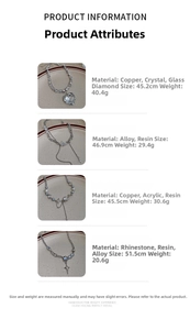 Detailed specs for faux opal necklaces with heart and star pendants on a beige tray