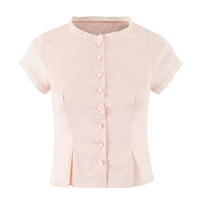 Women Short Sleeve Blouse Cotton Round Neck Lace Trim Button Down Sweet Slim Fit Shirt Pink