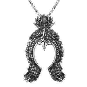 Vintage stainless steel flying eagle pendant with crown wings on a square link chain