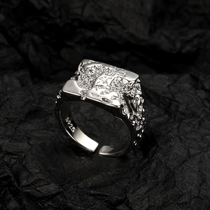 Irregular silver lava texture wide square ring in 925 sterling silver with open adjustable band