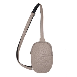Star-quilted taupe fanny pack with adjustable strap and metallic hardware details