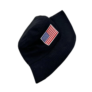 Close-up of the American flag embroidery on a premium black canvas bucket hat