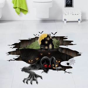 3D Halloween floor decal featuring monster emerging from cracked ground near a haunted house