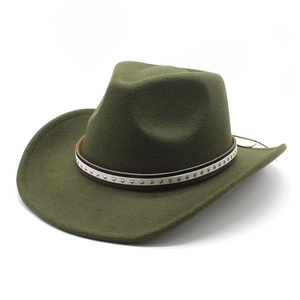 Olive green wool felt western cowboy hat with leather belt and silver star rivets