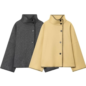 Women High Neck Whipstitch Wool Look Jacket Long Sleeve Single Breasted Minimalist Outerwear Warm Winter Fall Coat