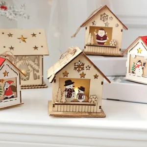 Nordic wooden glowing Christmas house ornament with LED lights and Santa Claus motif