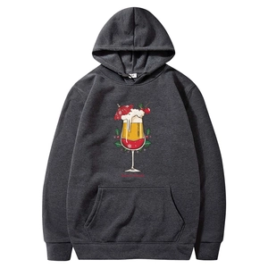 Dark grey Christmas hoodie featuring creative wine glass graphic and kangaroo pocket