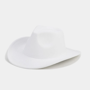 Detailed side view of white wool felt cowboy hat showing brim curve and texture