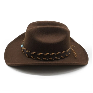 Classic dark brown western cowboy hat with woven leather band and blue beaded accent