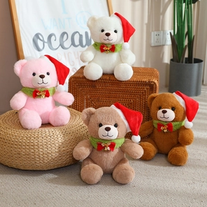 Christmas Teddy Bear Plush Toy With Santa Hat Scarf Golden Bell Soft Stuffed Animal Cute Holiday Decoration Gift