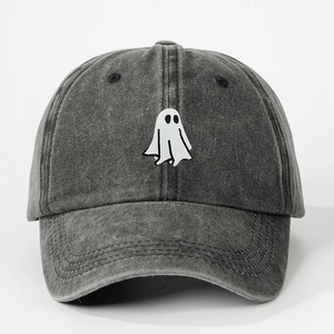 Close-up of ghost embroidery detail on vintage charcoal washed cotton baseball cap