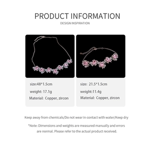 Detailed sizing specifications for pink zircon flower necklace and bracelet jewelry set