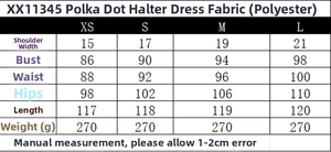 Detailed size chart for the polka dot sleeveless halter dress showing garment measurements