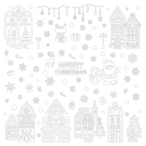 Christmas window stickers featuring snowy village houses, Santa Claus and festive snowmen