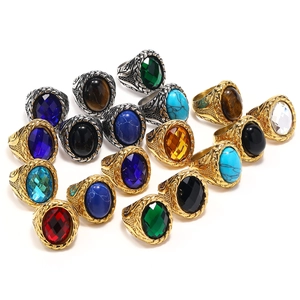 Vintage Men Stainless Steel Ring Large Oval Gemstone Woven Braided Texture Boho Punk Gothic Signet Jewelry Gift