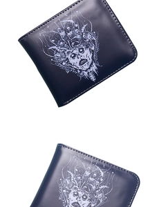 Detail view of navy blue skull print short wallet for men with sleek leather texture