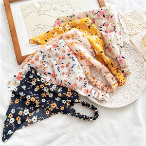 Floral print elastic headbands set in navy blue, white, and yellow for women hair styling