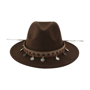 Vintage brown wool felt fedora hat with decorative ethnic woven band and coin pendants