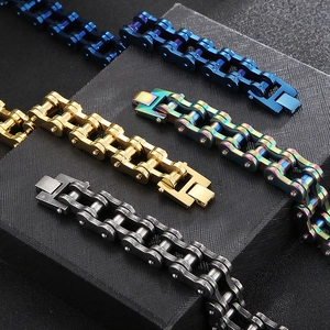 Chunky 18mm stainless steel motorcycle chain bracelets in blue, gold, rainbow and black