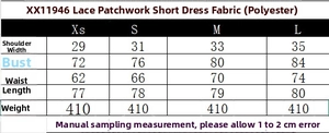 Size chart detail showing measurements for the lace patchwork mini dress for women