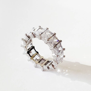 Eternity Ring 925 Sterling Silver Rectangular Baguette Clear Zirconia Full Wrap Minimalist Fashion Jewelry For Women