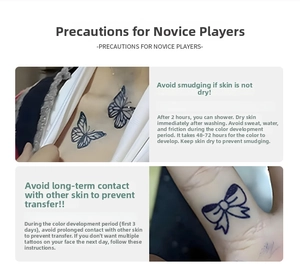 Detail showing semi-permanent herbal tattoo application guide with butterfly designs