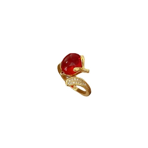 Elegant gold fox ring featuring a large oval red stone and sparkling pavé zircon accents