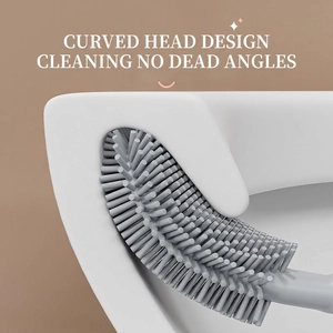 Grey silicone toilet brush with curved head design for deep cleaning bathroom corners